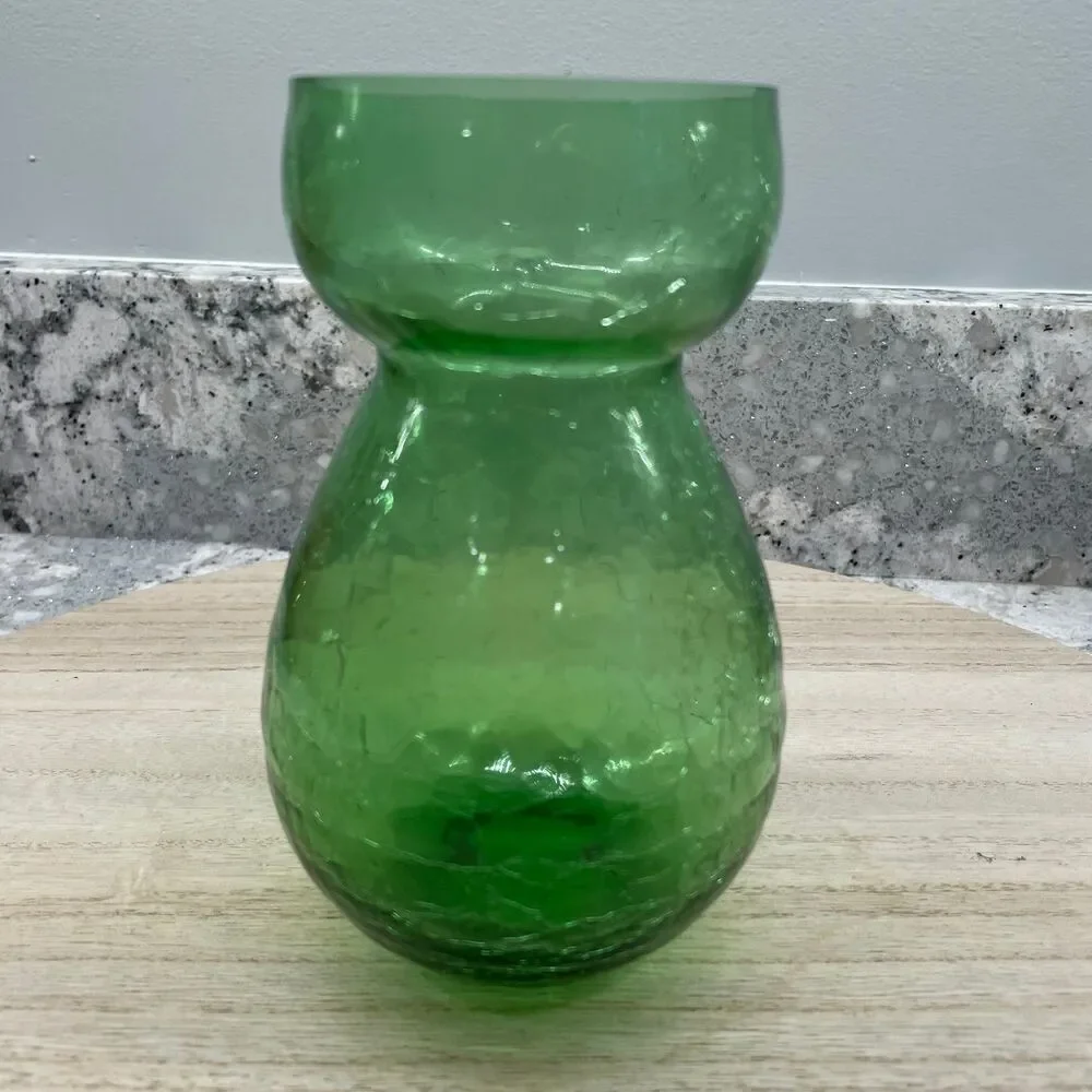 Vintage MCM Green Crackle Glass Hourglass Vase Hand Blown Art Glass 6 inch
